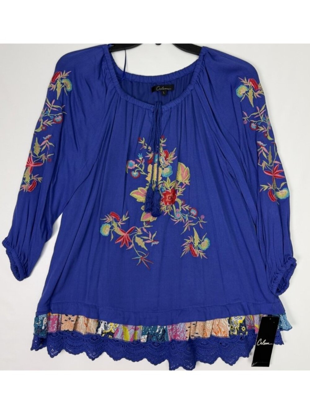 Calessa Women's Large Blouse Blue Embroidered Tassel Boho Lace Hem Top NWT $79